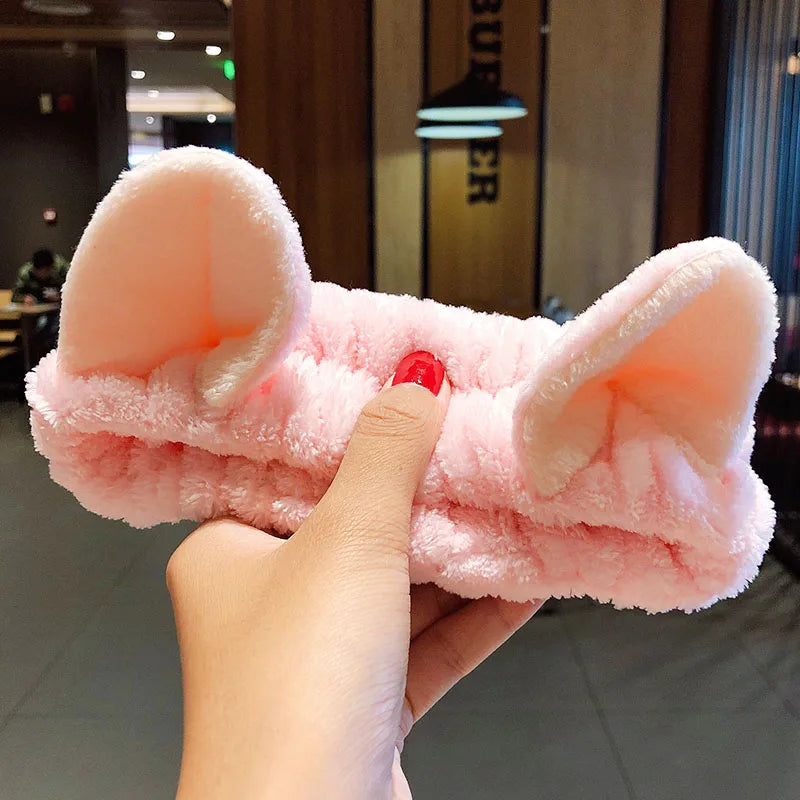 Diadema suave y cálida de forro polar coral con lazo y orejas de animales para lavarse la cara, turbante de moda para mujer y niña, accesorios para el cabello.