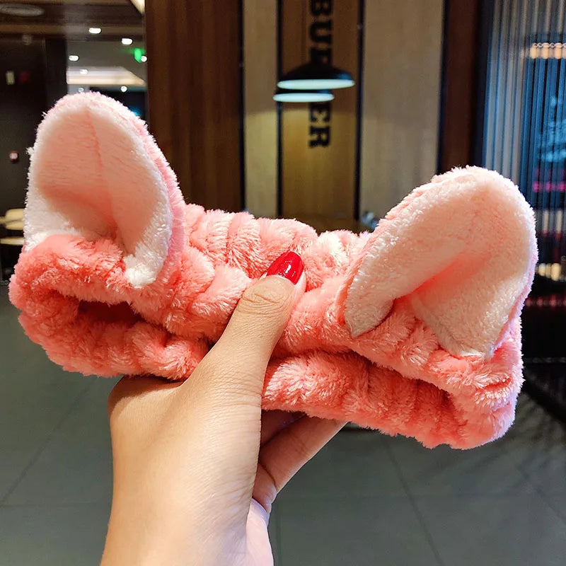 Diadema suave y cálida de forro polar coral con lazo y orejas de animales para lavarse la cara, turbante de moda para mujer y niña, accesorios para el cabello.