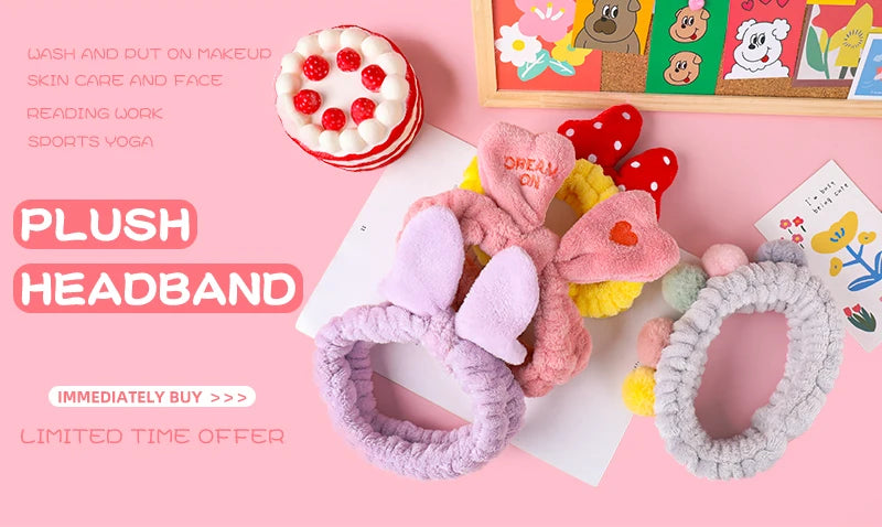 Diadema suave y cálida de forro polar coral con lazo y orejas de animales para lavarse la cara, turbante de moda para mujer y niña, accesorios para el cabello.