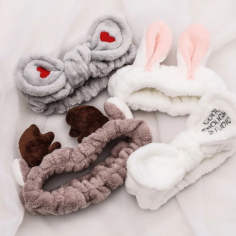 Diadema suave y cálida de forro polar coral con lazo y orejas de animales para lavarse la cara, turbante de moda para mujer y niña, accesorios para el cabello.