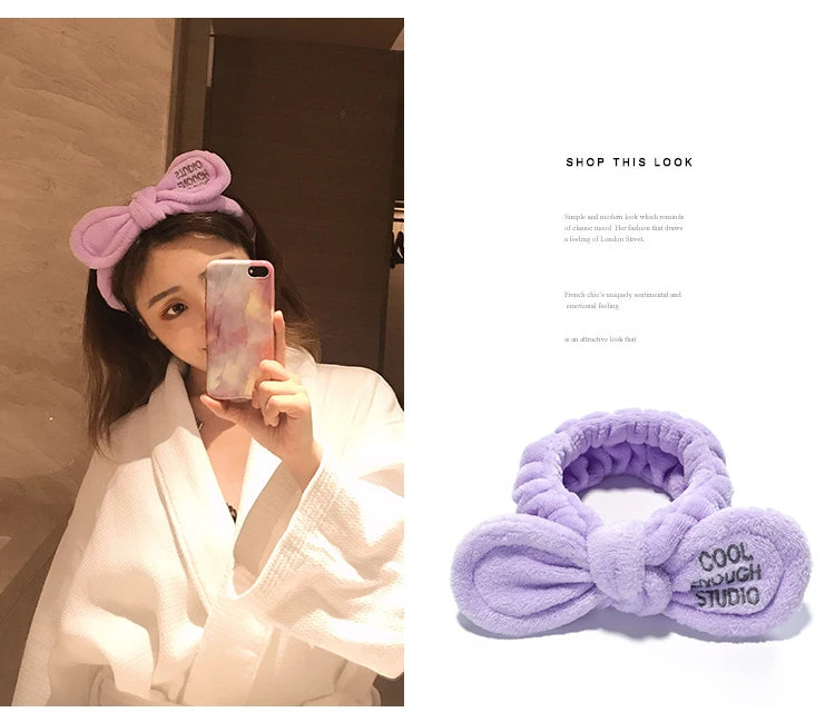 Diadema suave y cálida de forro polar coral con lazo y orejas de animales para lavarse la cara, turbante de moda para mujer y niña, accesorios para el cabello.