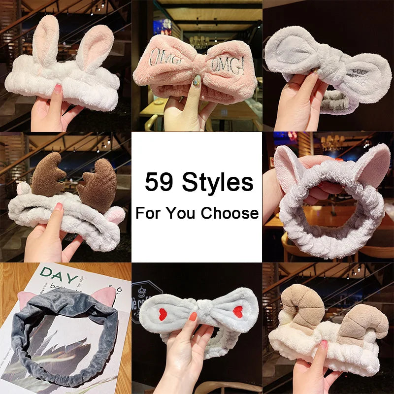Diadema suave y cálida de forro polar coral con lazo y orejas de animales para lavarse la cara, turbante de moda para mujer y niña, accesorios para el cabello.