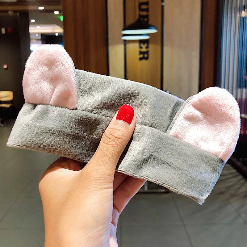 Diadema suave y cálida de forro polar coral con lazo y orejas de animales para lavarse la cara, turbante de moda para mujer y niña, accesorios para el cabello.