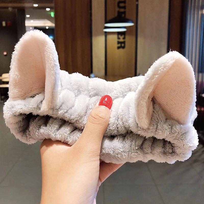 Diadema suave y cálida de forro polar coral con lazo y orejas de animales para lavarse la cara, turbante de moda para mujer y niña, accesorios para el cabello.
