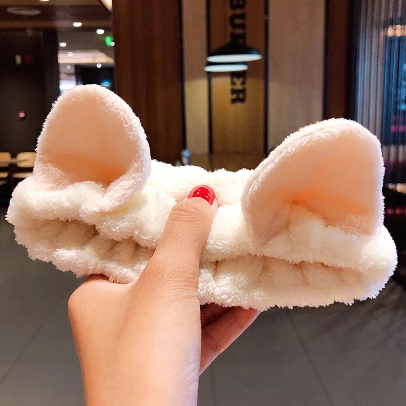 Diadema suave y cálida de forro polar coral con lazo y orejas de animales para lavarse la cara, turbante de moda para mujer y niña, accesorios para el cabello.