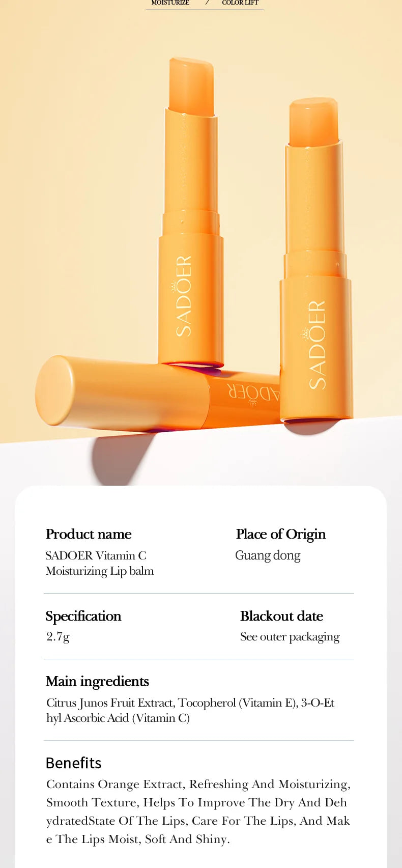 SADOER Vitamina C Cuidado de los labios hidratante Previene los labios agrietados y repara los labios suaves y no irritantes