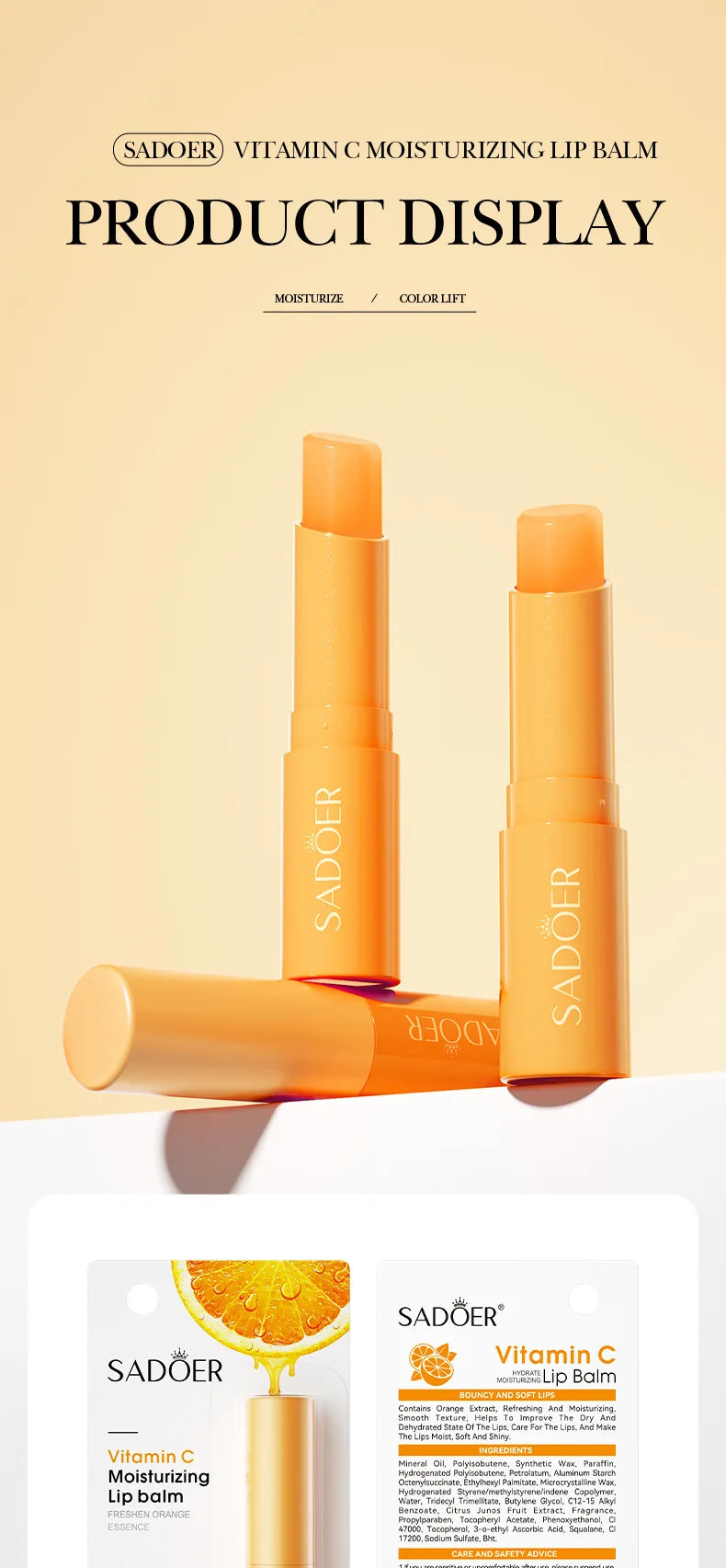 SADOER Vitamina C Cuidado de los labios hidratante Previene los labios agrietados y repara los labios suaves y no irritantes