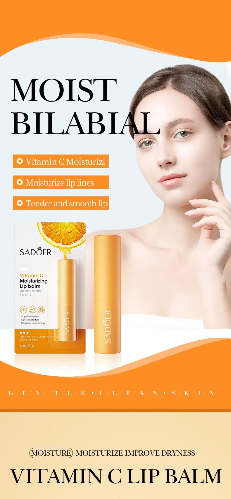 SADOER Vitamina C Cuidado de los labios hidratante Previene los labios agrietados y repara los labios suaves y no irritantes